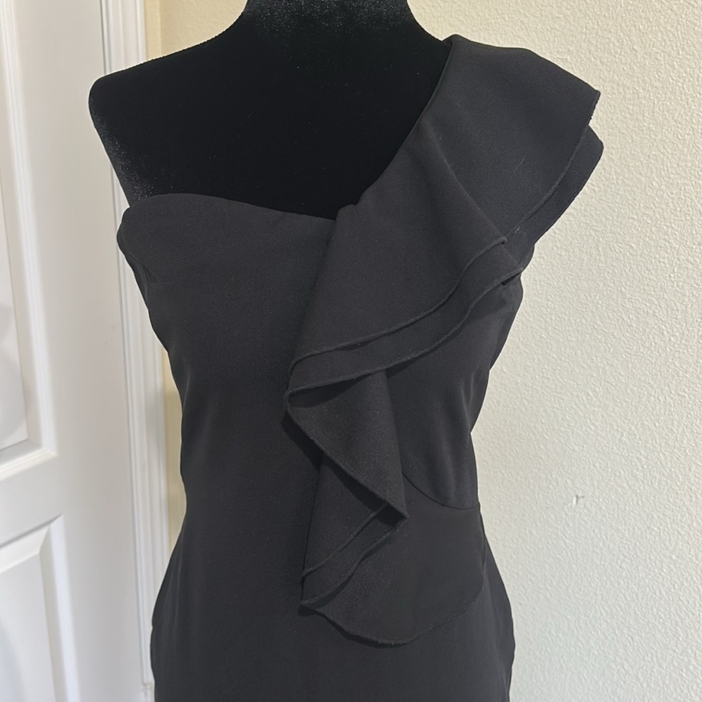 Black form fitting one shoulder ruffled dress. Sexy. Size large. Sugar Poison
